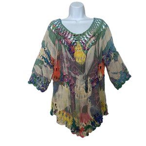 High Secret Women's Multicolored Boho Crochet 3/4 Sleeve Tunic Shirt Size L/XL